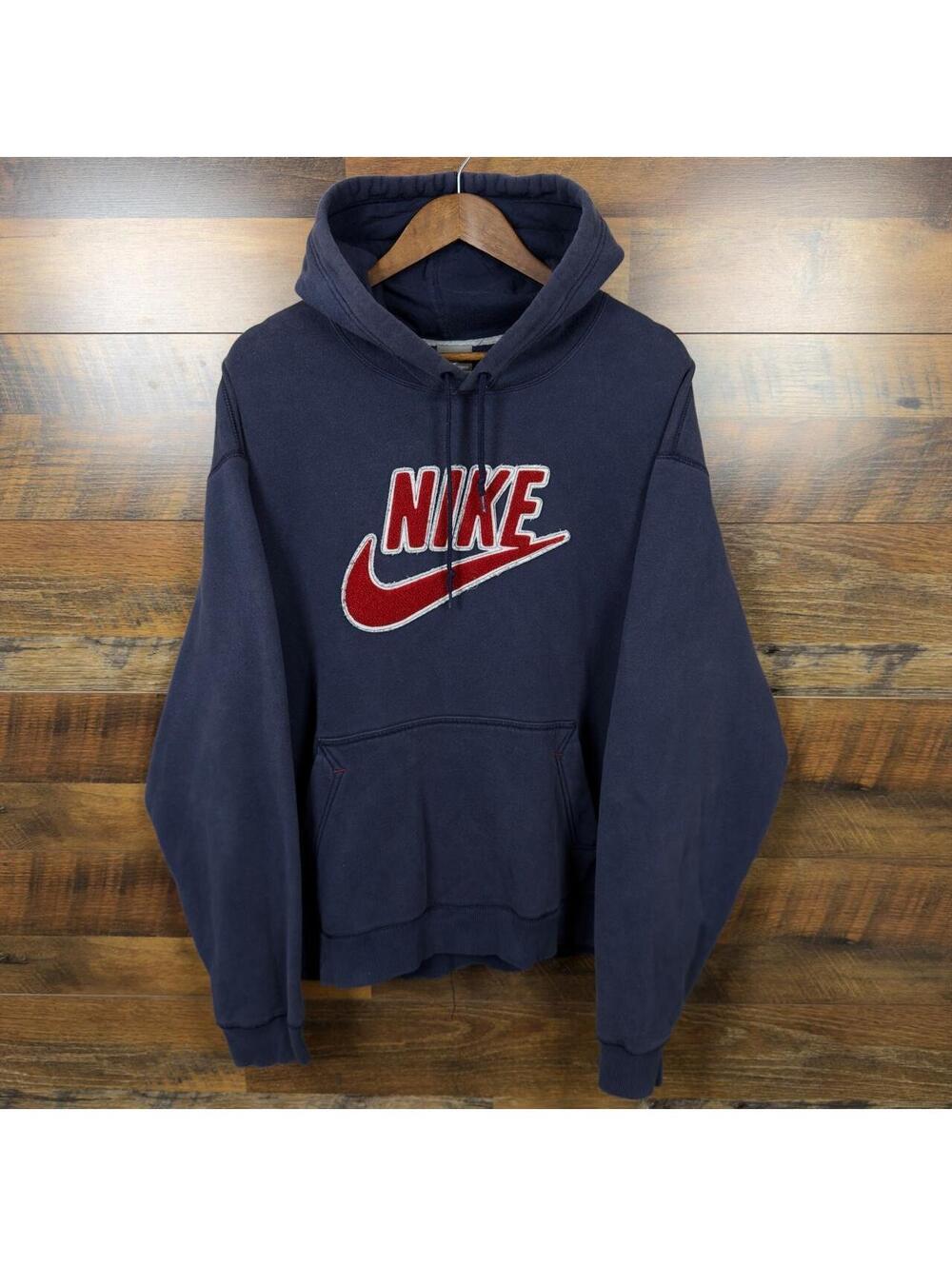 Y2K Nike Swoosh Spellout Navy Blue Pullover Hoodie XL